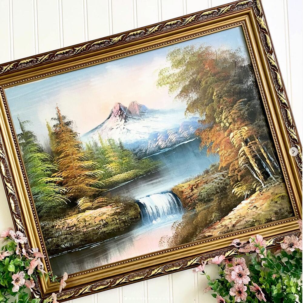 Vintage Landscape Painting Waterfall Mountain Vibrant Colors Canvas Framed